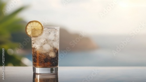 Sparkling beverage with lemon slice resting on table, overlooking serene sea horizon during golden sunset, evoking calm and refreshment