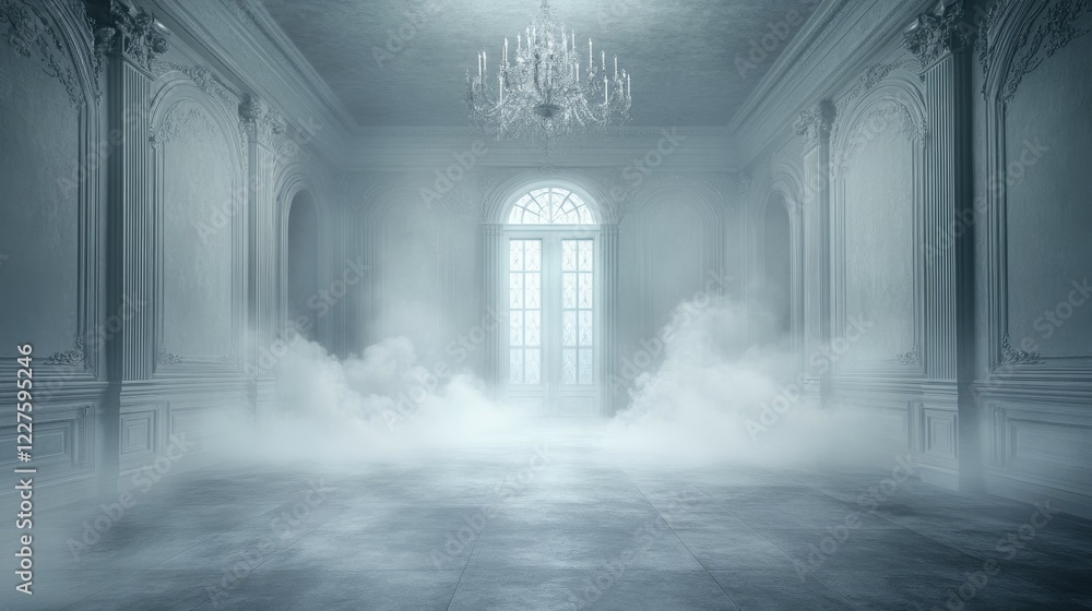 A misty, elegant room with a chandelier and large window, creating a mysterious atmosphere. A misty, elegant room with a chandelier and large window, creating a mysterious atmosphere.