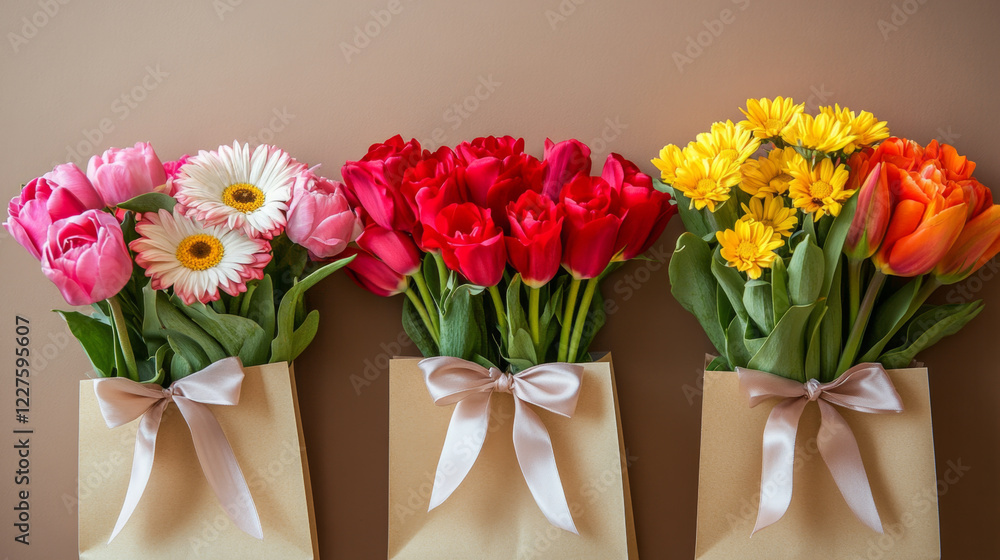 Fototapeta premium Beautiful Floral Arrangements in Paper Bags with Ribbons