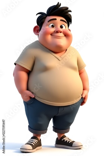 Joyful and Energetic Cartoon Character of a Chubby Young Boy in Casual Outfit