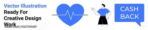 Blue heart with ECG line, speech bubble with cash back text, man pointing in casual pose. Ideal for health, finance, marketing, lifestyle, fitness, communication promotions flat landing page banner