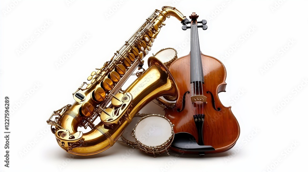 Obraz premium Golden Saxophone and Wooden Violin with Hand Drum on White Background