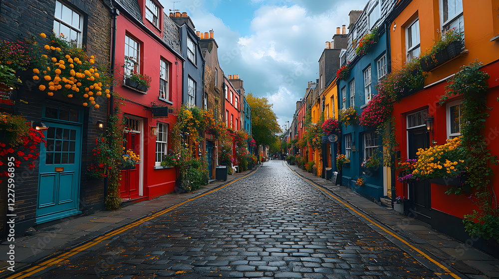 Naklejka premium A highly detailed photography capturing the vibrant streets of Dublin, with colorful Georgian doors, cobblestone paths, and hanging flower baskets, showcasing the charm of the city.