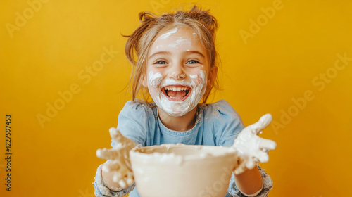 Happy child enjoying pottery making with clay-covered hands photo