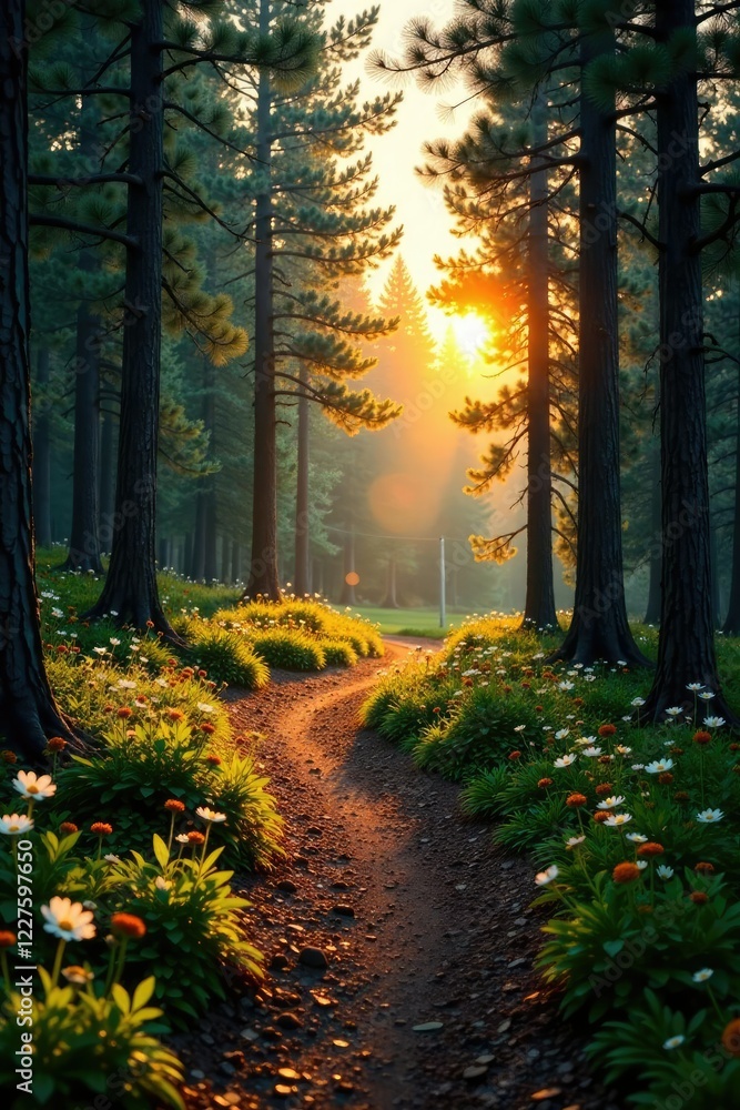 Obraz premium Gentle sunset colors on a winding forest trail, sunlight, forest