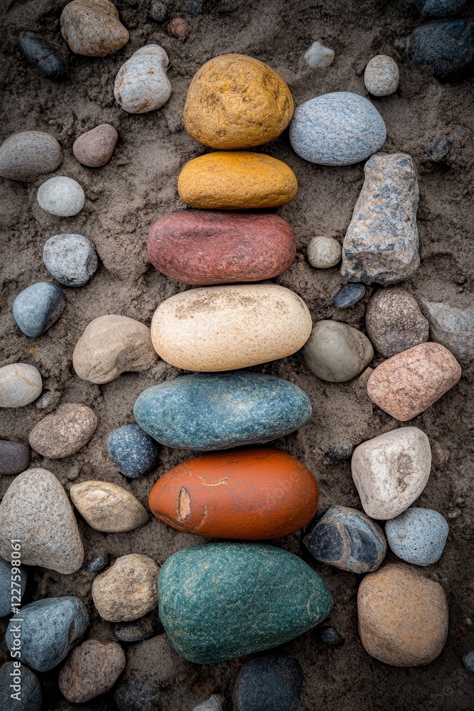 Striking Vertical Stack of Vibrant, Colorful Stones on Gravel, Creating Natural Background