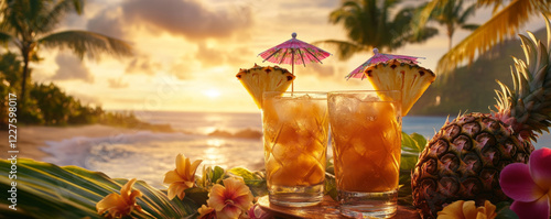 Tropical Pineapple Cocktails at Sunset on Beachside Table photo