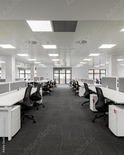 Empty open office space with modern design and ergonomic setup