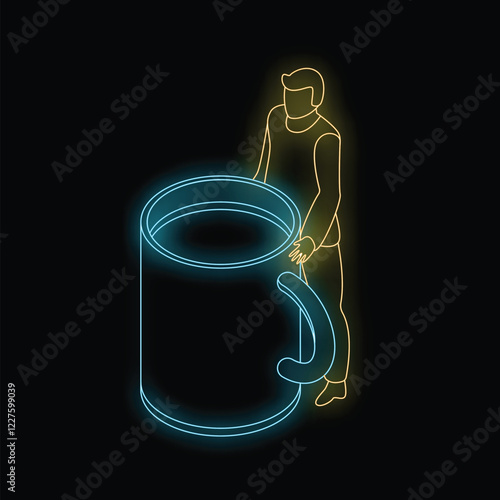 Neon illustration of a businessman holding a giant cup of coffee, a concept for caffeine addiction