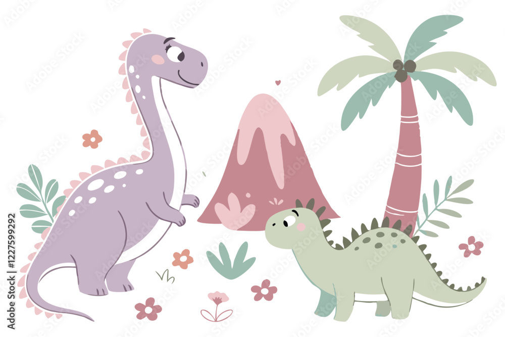 Obraz premium Cute cartoon dinosaurs, colorful prehistoric creatures, hand-drawn style, childlike doodles, playful illustration, pastel colors, purple pterodactyl, pink brachiosaurus, green stegosaurus, erupting vo
