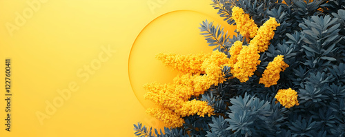 Yellow flowers, blue leaves, yellow background, circle, spring