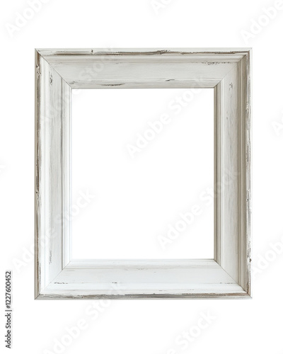 Rustic empty wooden picture frame with vintage white finish isolated on white background