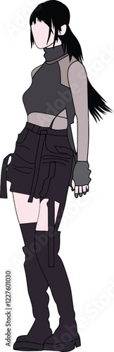 
Illustration of a faceless woman wearing urban-style clothing, including a black outfit with contemporary fashion aesthetics, combining edgy design choices and a minimalist color scheme.