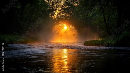 Golden Sunlight Shining Through Mist Over Calm River Surrounded by Lush Trees at Sunset in Natural Scenic Landscape photo