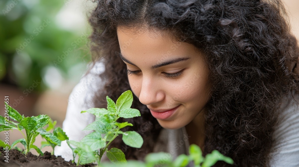 Young Woman Planting Small Seedlings in Garden Close Up Shot Young Woman Planting Small Seedlings in Garden Close Up Shot