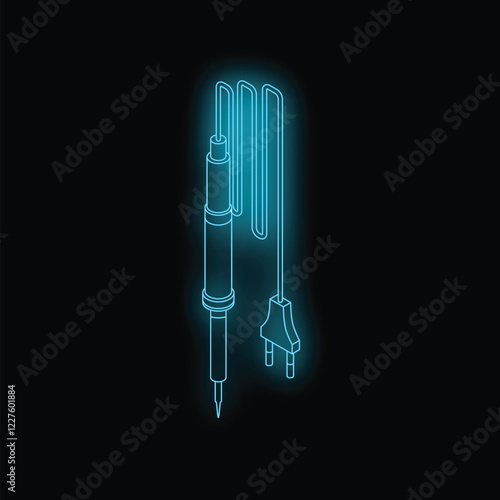 Neon glowing electric soldering iron with cable and plug on black background, isometric view