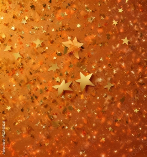 Golden star confetti scattered on a vibrant orange glitter background, confetti, joyful