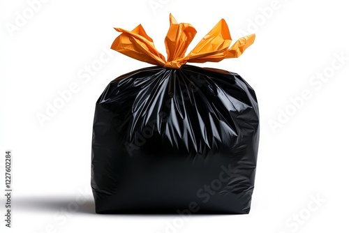 An ordinary black trash bag tied with a bright orange ribbon adds a playful touch to the otherwise mundane concept of waste disposal, symbolizing an artistic twist on daily life. photo