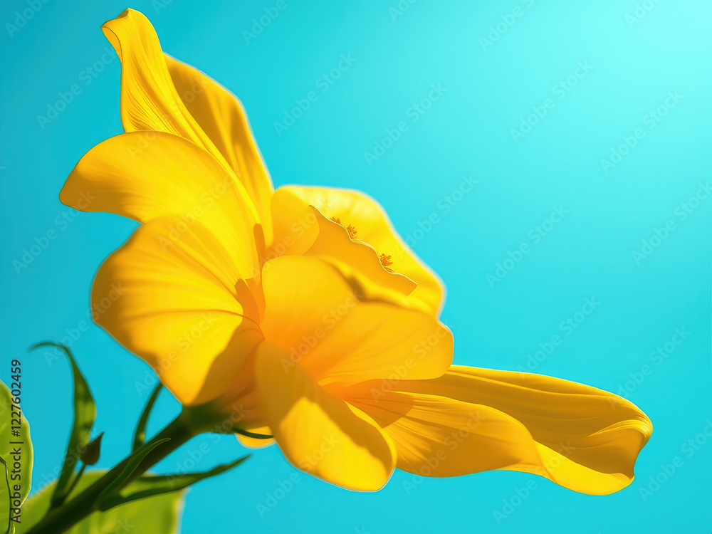 Fototapeta premium Single yellow bloom contrasting against a bright blue backdrop, bloom, sky, blue, isolated, bright