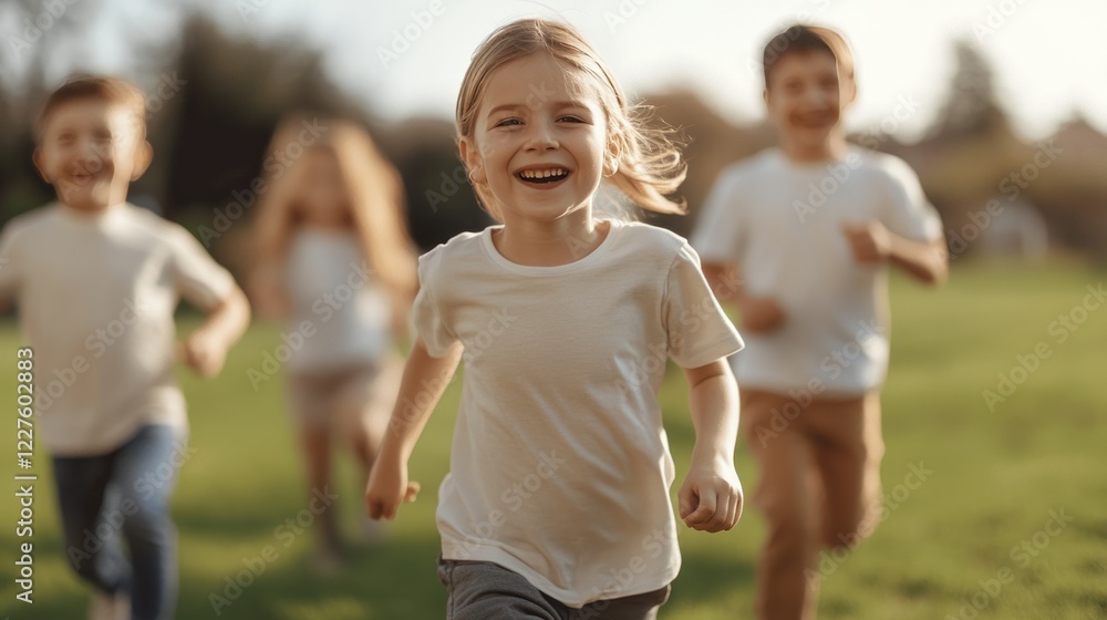 Excited children playing freely on verdant park lawn, laughing and running under bright sunlight, embodying pure childhood joy and energy