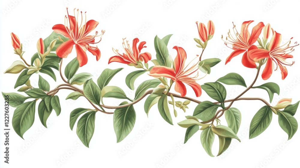 Honeysuckle plant illustration with vibrant flowers and lush green leaves on a clean white background for botanical decoration. Honeysuckle plant illustration with vibrant flowers and lush green leaves on a clean white background for botanical decoration.