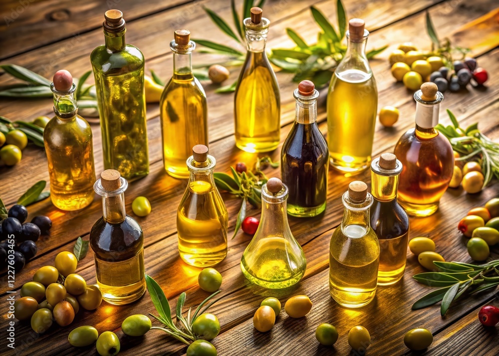 Aerial View of Olive Oil Bottles Displayed on Rustic Wooden Table - Farm Fresh Product Aerial View of Olive Oil Bottles Displayed on Rustic Wooden Table - Farm Fresh Product