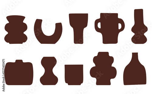 Set of abstract vase silhouettes in brown. Various modern, geometric pottery designs. Cozy home decor handmade boho