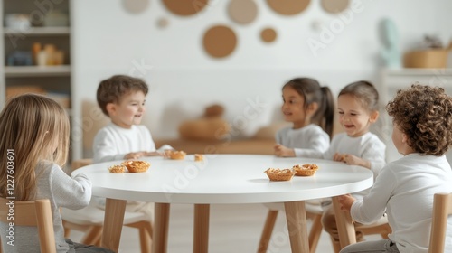 Obraz na płótnie Preschoolers sharing snacks, sitting together at white table, bonding in sunlit kindergarten classroom with cheerful interaction w salonie