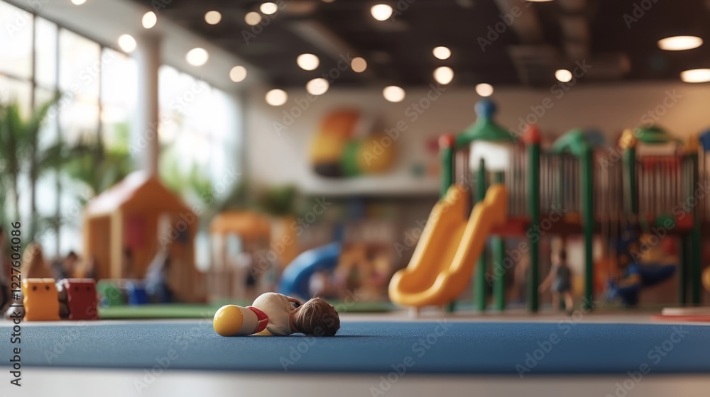 Tiny figurine sitting on blue play mat, blurred playground backdrop featuring colorful slides, climbing structures, and kids enjoying active playtime
