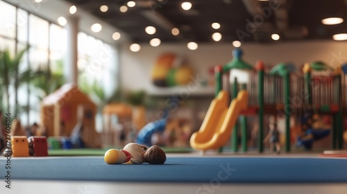 Obraz na płótnie Tiny figurine sitting on blue play mat, blurred playground backdrop featuring colorful slides, climbing structures, and kids enjoying active playtime w salonie