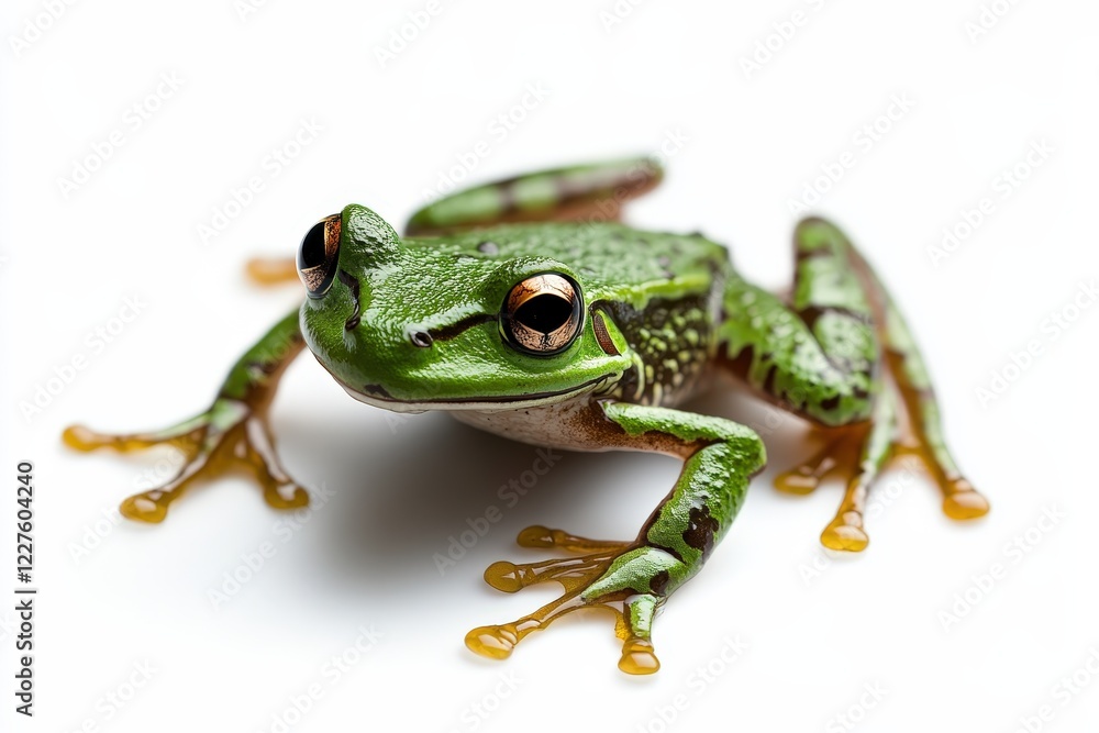 Obraz premium This detailed image of a green frog highlights its expressive eyes and vibrant coloration, showcasing the captivating aspects of wildlife and its beauty in nature.