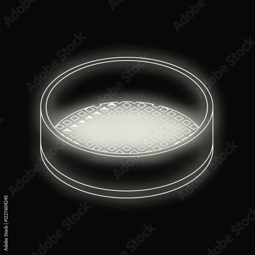 Glowing outline of a round metal sieve featuring a square mesh pattern, set against a dark background