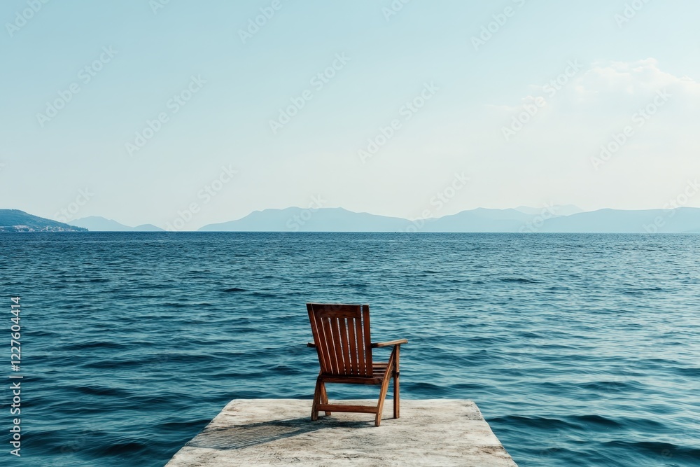 A solitary wooden chair placed on a pier, offering a peaceful view of the calm ocean waves and distant mountains, inviting relaxation and contemplation. A solitary wooden chair placed on a pier, offering a peaceful view of the calm ocean waves and distant mountains, inviting relaxation and contemplation.