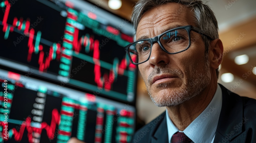 Thoughtful Trader Analyzing Data on Stock Market Trading Floor Thoughtful Trader Analyzing Data on Stock Market Trading Floor