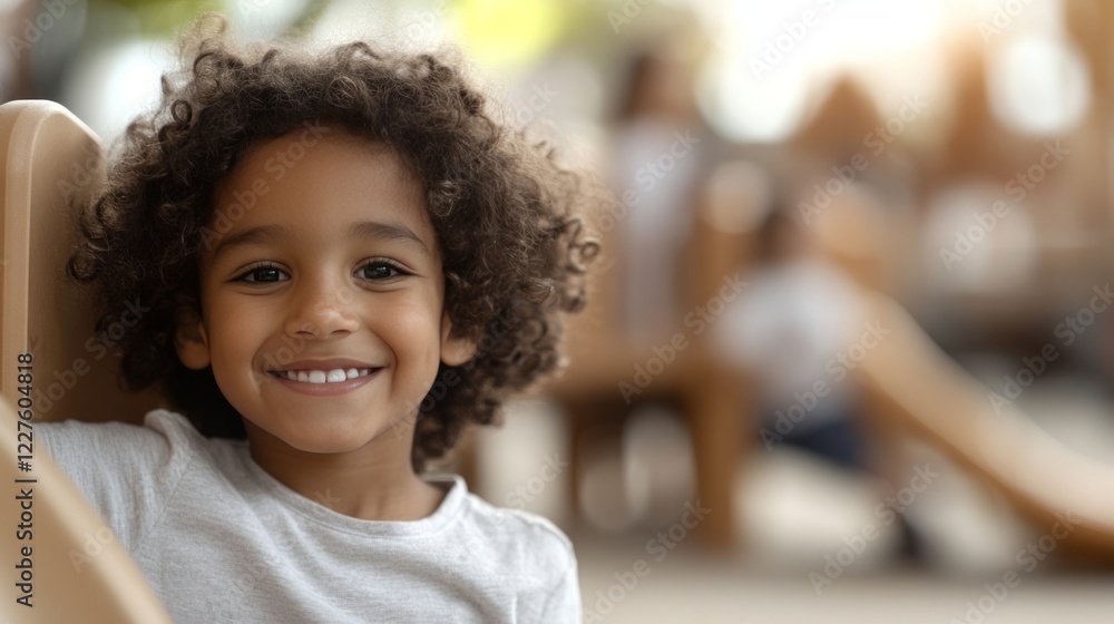 Close up portrait showing cheerful preschooler smiling broadly during playtime in kindergarten, capturing childhood happiness and carefree learning environment