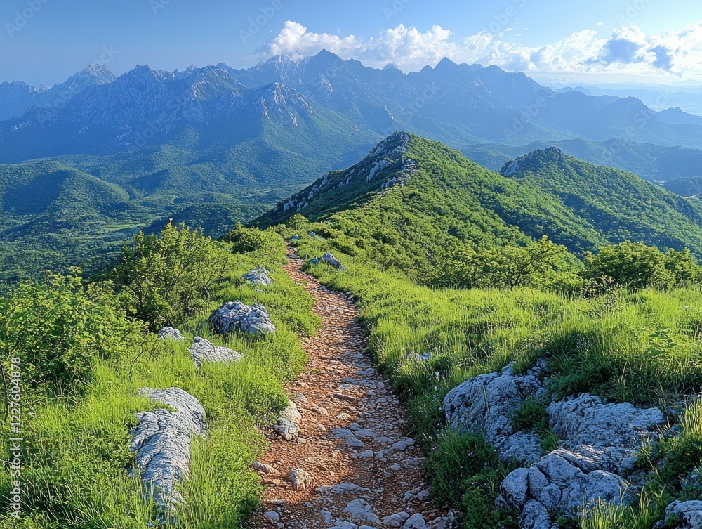 Fototapeta premium Mountain Trail with Stunning Views, rocky path leading towards a mountain ridge