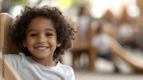 Close up portrait showing cheerful preschooler smiling broadly during playtime in kindergarten, capturing childhood happiness and carefree learning environment