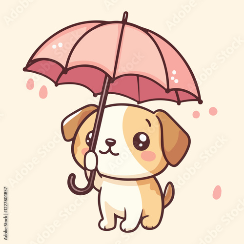 Cute little dog with leaf umbrella cute puppy vector illustration 