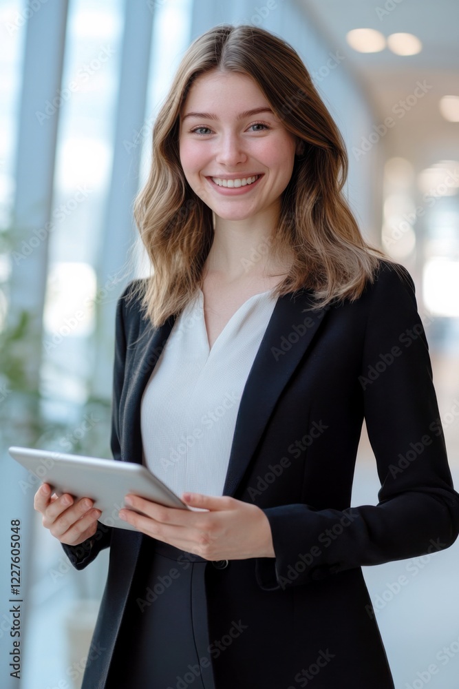 smiling young businesswoman holding a tablet in a bright modern office, professional corporate smart ambitious business female smiling young businesswoman holding a tablet in a bright modern office, professional corporate smart ambitious business female