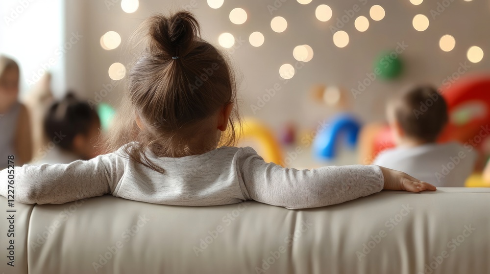 Young girl seated on sofa, observing playmates hiding amid colorful kindergarten setting with festive illumination