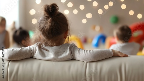Obraz na płótnie Young girl seated on sofa, observing playmates hiding amid colorful kindergarten setting with festive illumination w salonie
