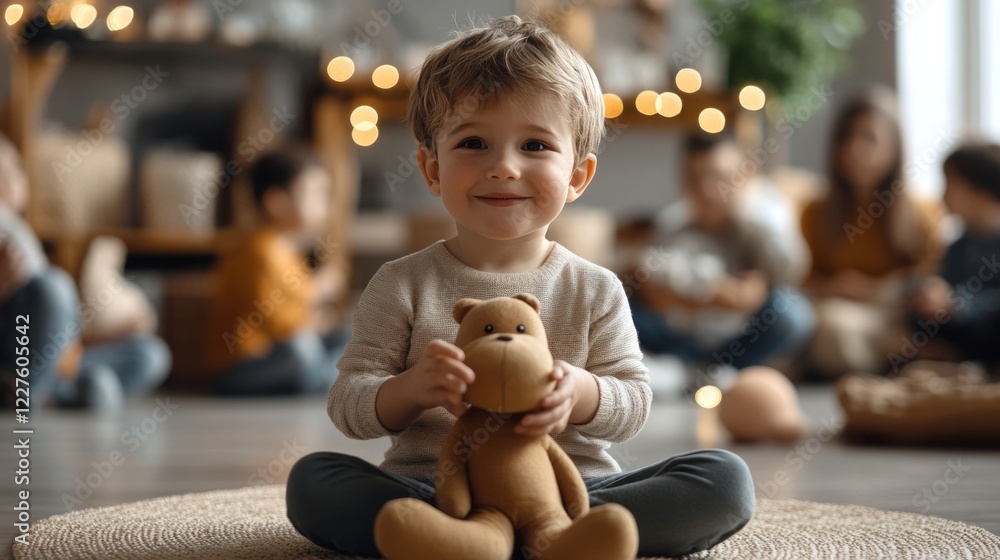 Cheerful child sitting cross legged on small carpet, cuddling stuffed animal during puppet performance, surrounded by soft lighting and smiling friends in warm playroom