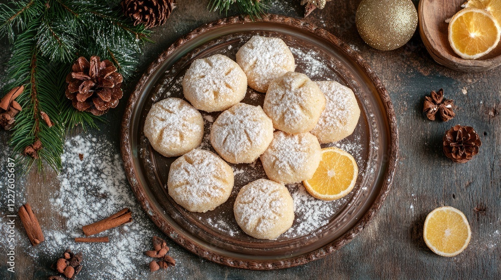 Fototapeta premium Traditional Christmas cookies arranged on a decorative platter with festive decorations and natural elements in a cozy holiday setting