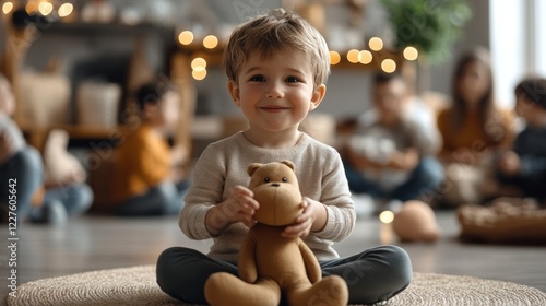 Obraz na płótnie Cheerful child sitting cross legged on small carpet, cuddling stuffed animal during puppet performance, surrounded by soft lighting and smiling friends in warm playroom w salonie