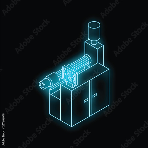 Neon blue injection molding machine glowing on a black background, representing advanced manufacturing technology