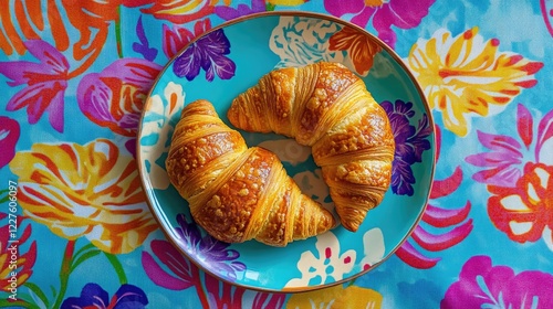 Homemade sweet croissants served on a vibrant floral patterned plate against a colorful background. photo