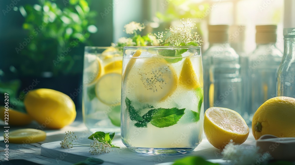 Fototapeta premium Organic elderflower lemonade refreshing drink with lemons and mint showcasing a sunny summer vibe and a recipe card in a cozy setting