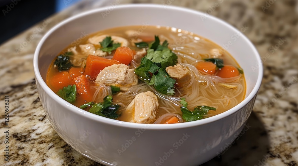 Aromatic Homemade Thai Soup with Chicken Glass Noodles Fresh Vegetables in a Bowl on a Natural Stone Surface Aromatic Homemade Thai Soup with Chicken Glass Noodles Fresh Vegetables in a Bowl on a Natural Stone Surface