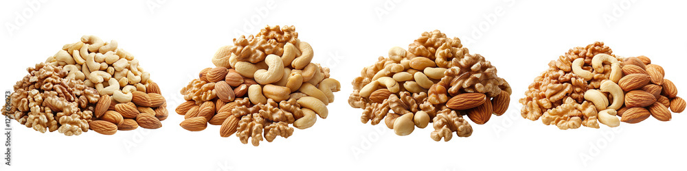 Set of two piles of walnuts, almonds and cashews isolated on transparent background Set of two piles of walnuts, almonds and cashews isolated on transparent background