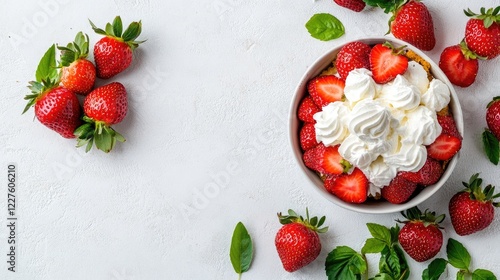 Delicious homemade strawberry shortcake topped with fresh strawberries and creamy whipped cream on a white background. photo